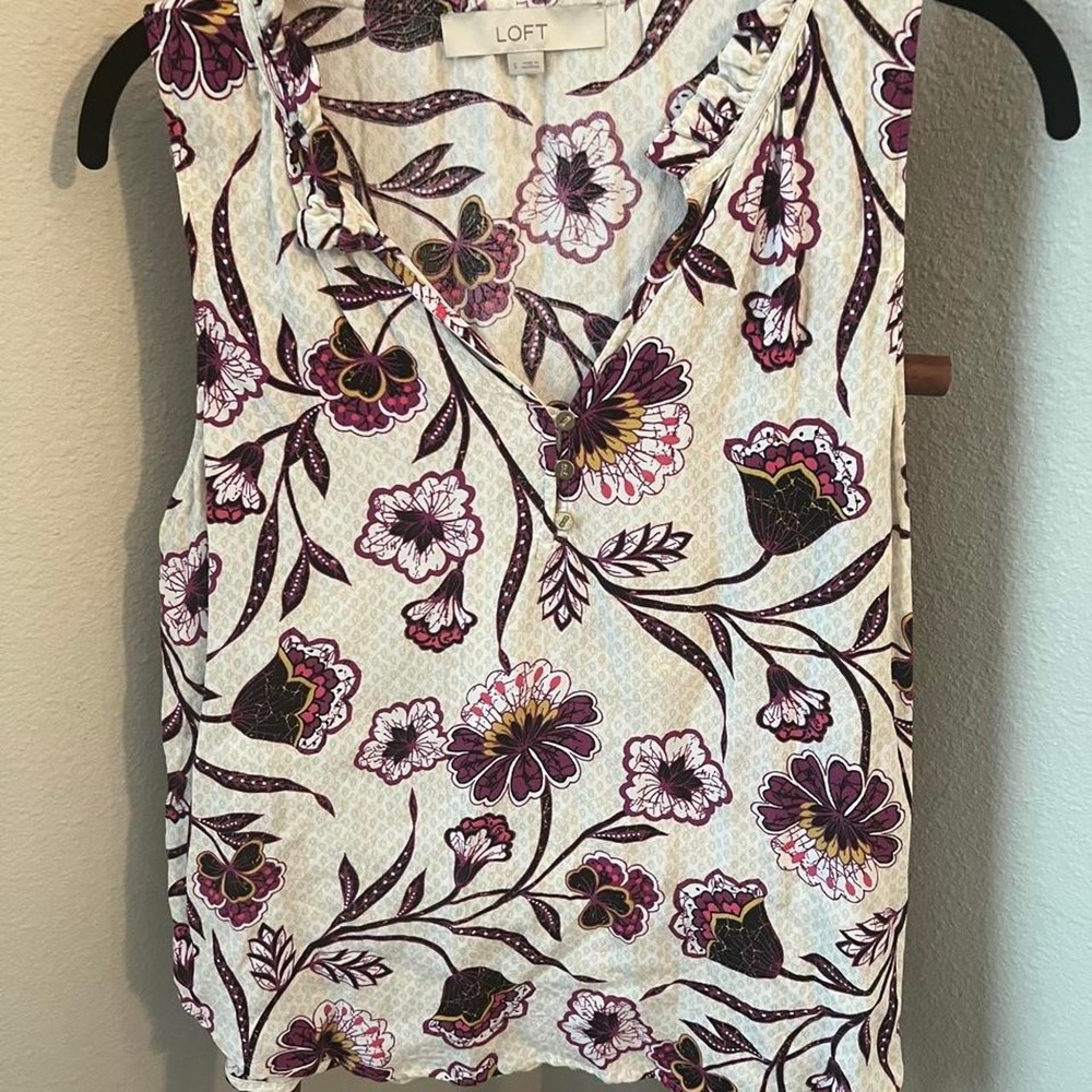 Loft cream and purple floral blouse with ruffle sleeves. Size S